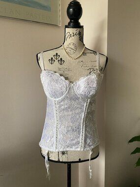 NWT Rochelle White Lace Bustier 38D With Matching High Cut White Lace Panties XL